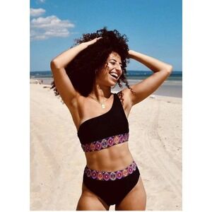 Live Life on the Beach Bikini Bottom Top Womens Large Black 2 Piece